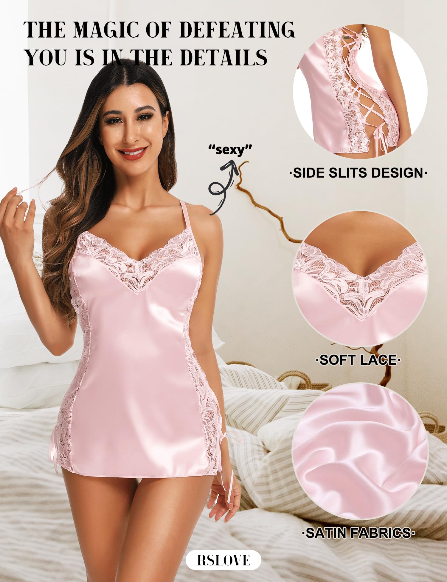 RSLOVE Lingerie Donna Babydoll Indumenti da Notte di Seta Sottoveste Sexy in Pizzo Vestaglia