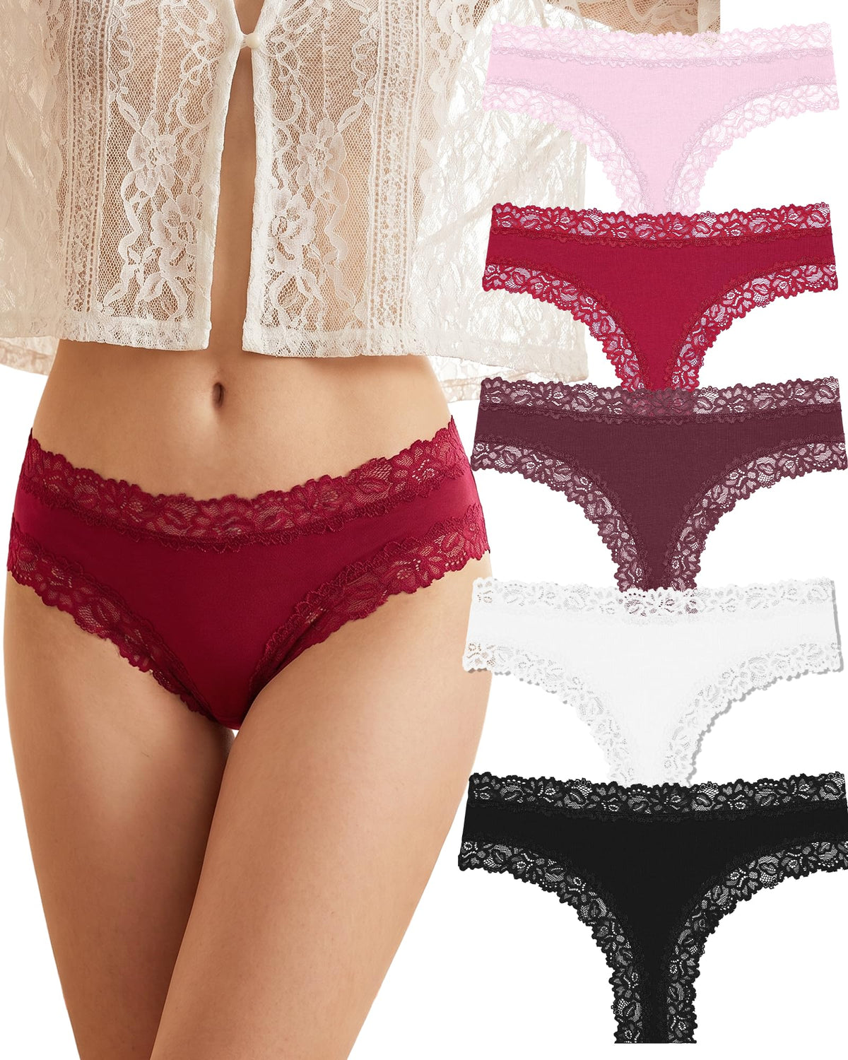 ALL OF SHE Mutande Brasiliana Donna Cotone Slip Pizzo Set Mutandine a Vita Bassa Intimo Seducente Culotte Underwear Pacco da 5