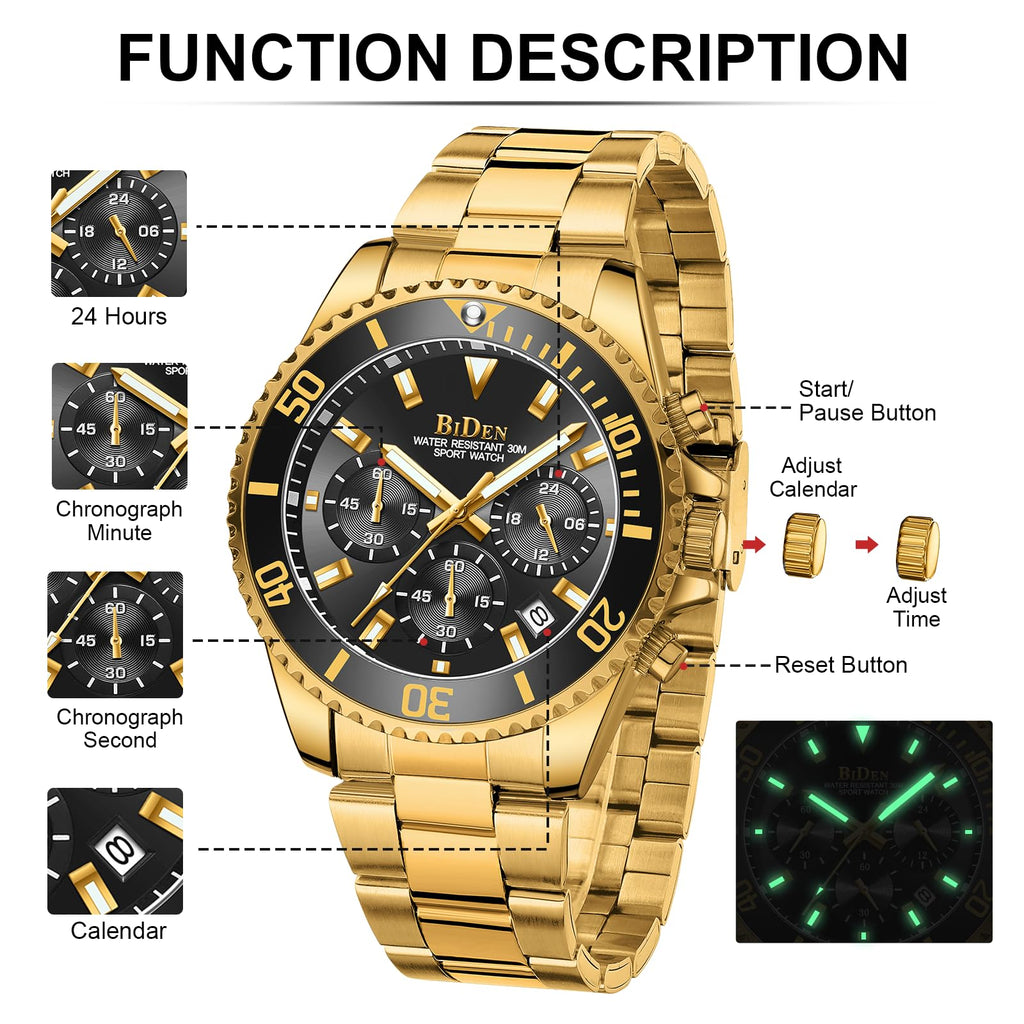 BIDEN Orologio Uomo Orologio Militare Acciaio Cronografo Impermeabile Luminosi Design Orologi Quadrante Grande da Polso Elegante Sportivo Analogici Data…