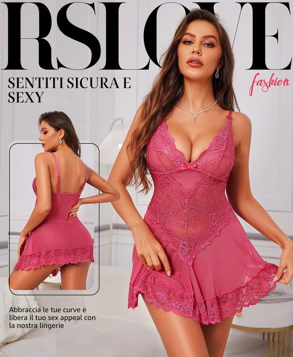 RSLOVE Lingerie per Donna Babydoll in Pizzo Camicia da Notte Sexy in Maglia Chemise con Scollo a V Abito da Notte
