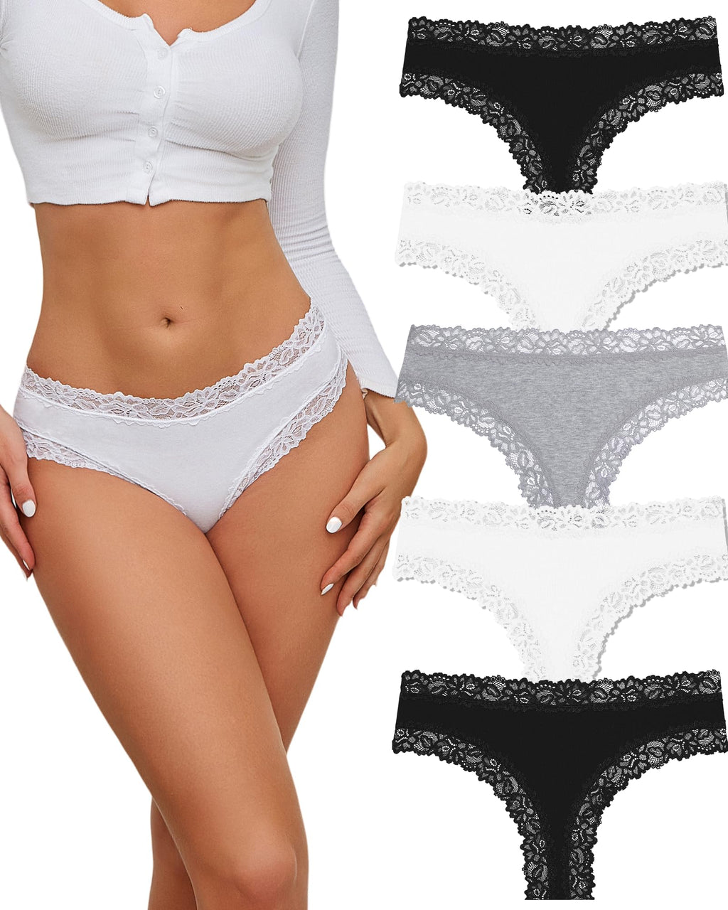 ALL OF SHE Mutande Brasiliana Donna Cotone Slip Pizzo Set Mutandine a Vita Bassa Intimo Seducente Culotte Underwear Pacco da 5