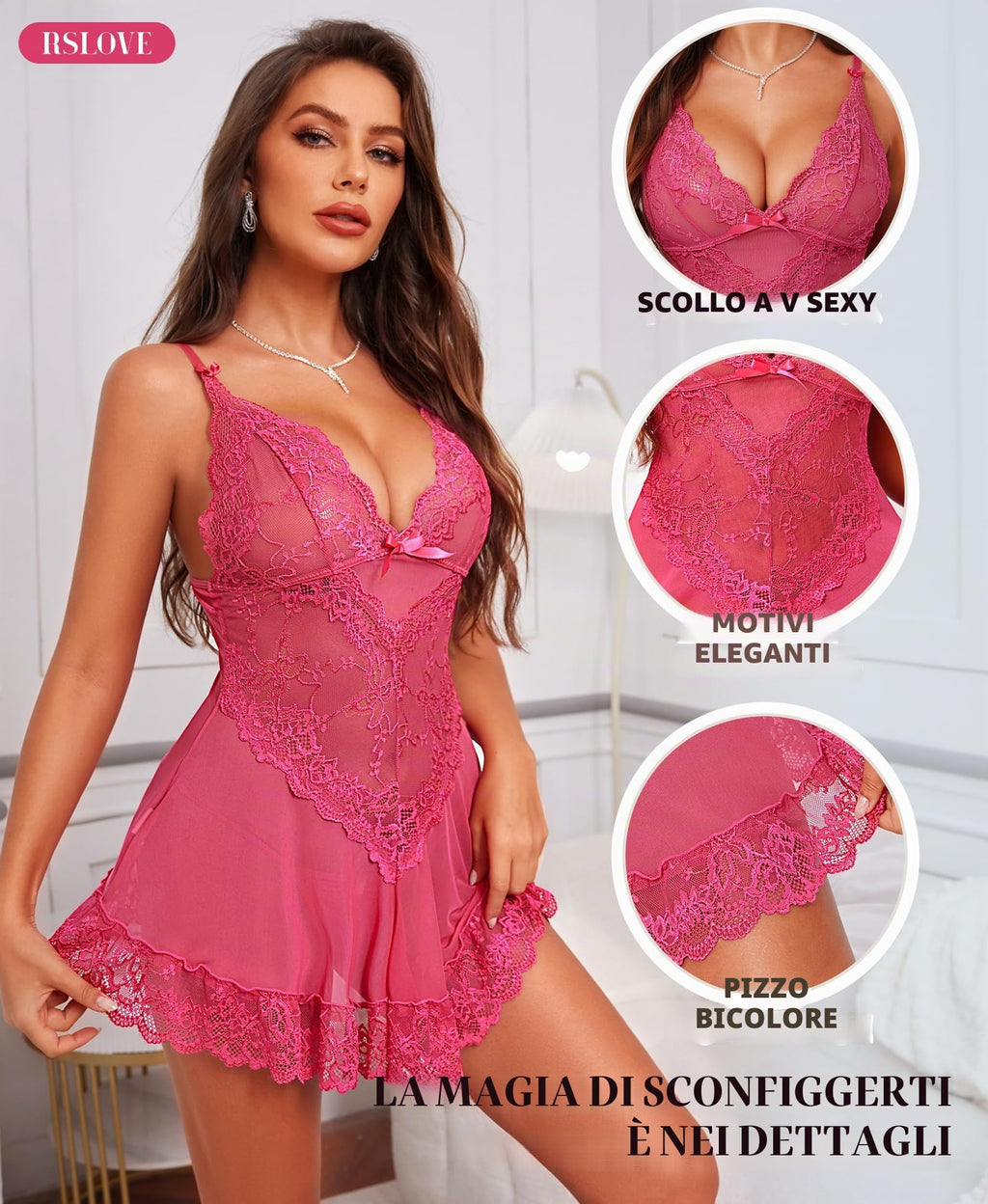 RSLOVE Lingerie per Donna Babydoll in Pizzo Camicia da Notte Sexy in Maglia Chemise con Scollo a V Abito da Notte