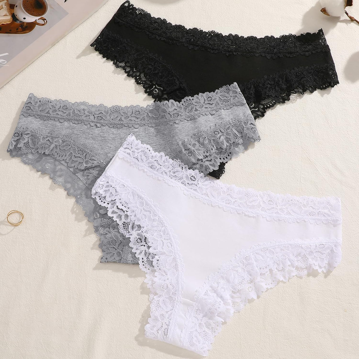 ALL OF SHE Mutande Brasiliana Donna Cotone Slip Pizzo Set Mutandine a Vita Bassa Intimo Seducente Culotte Underwear Pacco da 5
