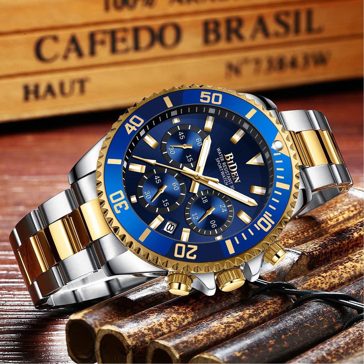 BIDEN Orologio Uomo Orologio Militare Acciaio Cronografo Impermeabile Luminosi Design Orologi Quadrante Grande da Polso Elegante Sportivo Analogici Data…