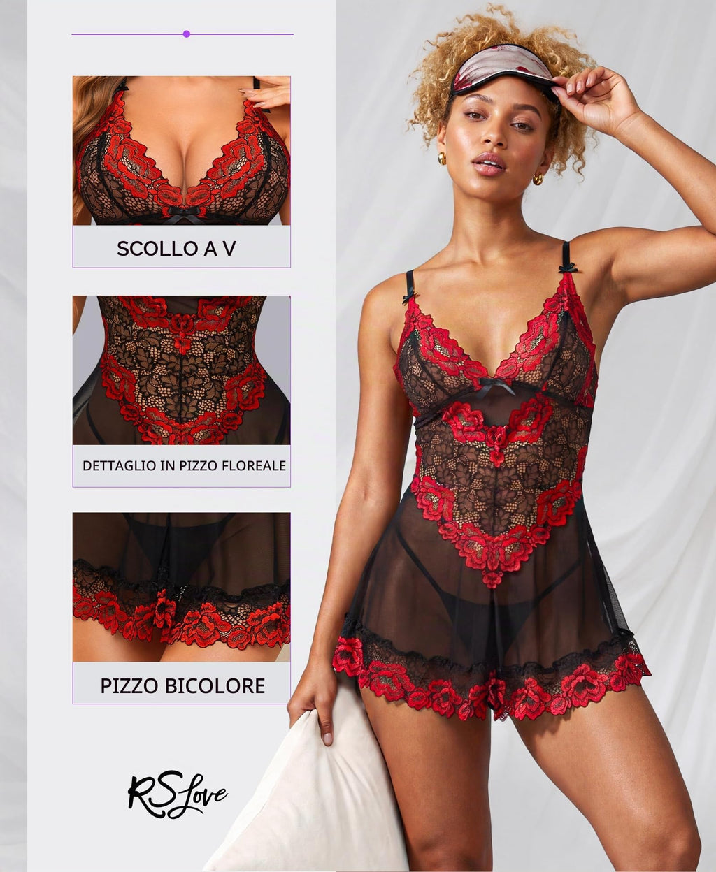 RSLOVE Lingerie per Donna Babydoll in Pizzo Camicia da Notte Sexy in Maglia Chemise con Scollo a V Abito da Notte