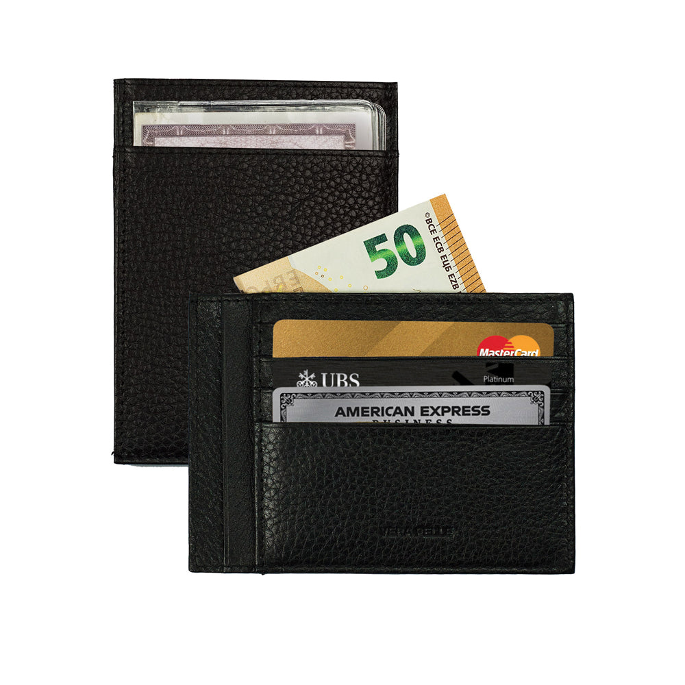 K10307AB | Document Holder/Card Holder RFID protection in genuine full-grain leather, dollar grain. Black color. Dimensions: 12 x 9 x 0.5 cm. Packaging: hard bottom/cover Gift Box