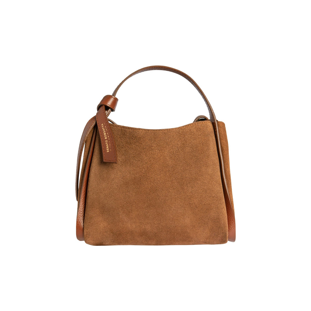 RB1035BI | ALICE Women's Handbag in Genuine Suede, Made in Italy. Polished Gold Metal Hardware. Chestnut Color. Dimensions: 26 x 20 x 15 + 12 cm (Handle Drop)