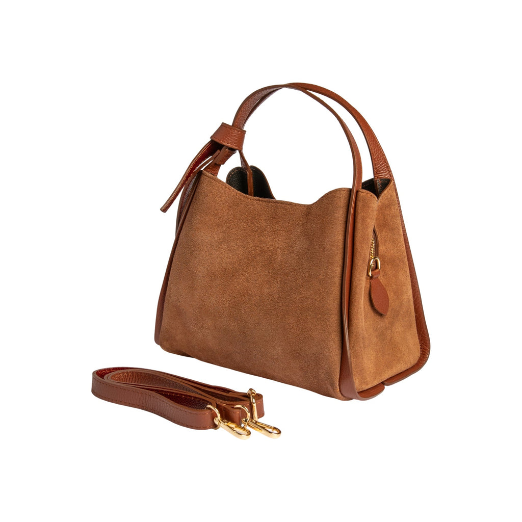 RB1035BI | ALICE Women's Handbag in Genuine Suede, Made in Italy. Polished Gold Metal Hardware. Chestnut Color. Dimensions: 26 x 20 x 15 + 12 cm (Handle Drop)
