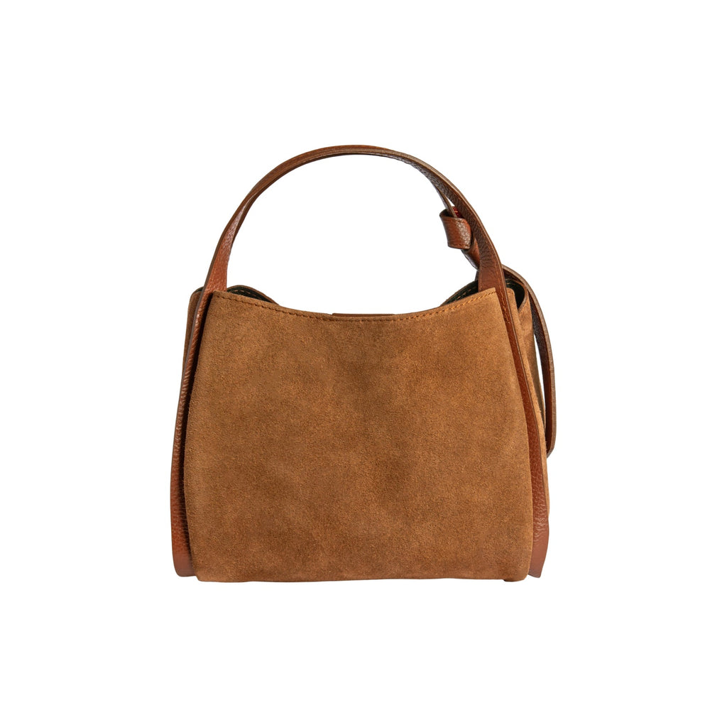 RB1035BI | ALICE Women's Handbag in Genuine Suede, Made in Italy. Polished Gold Metal Hardware. Chestnut Color. Dimensions: 26 x 20 x 15 + 12 cm (Handle Drop)