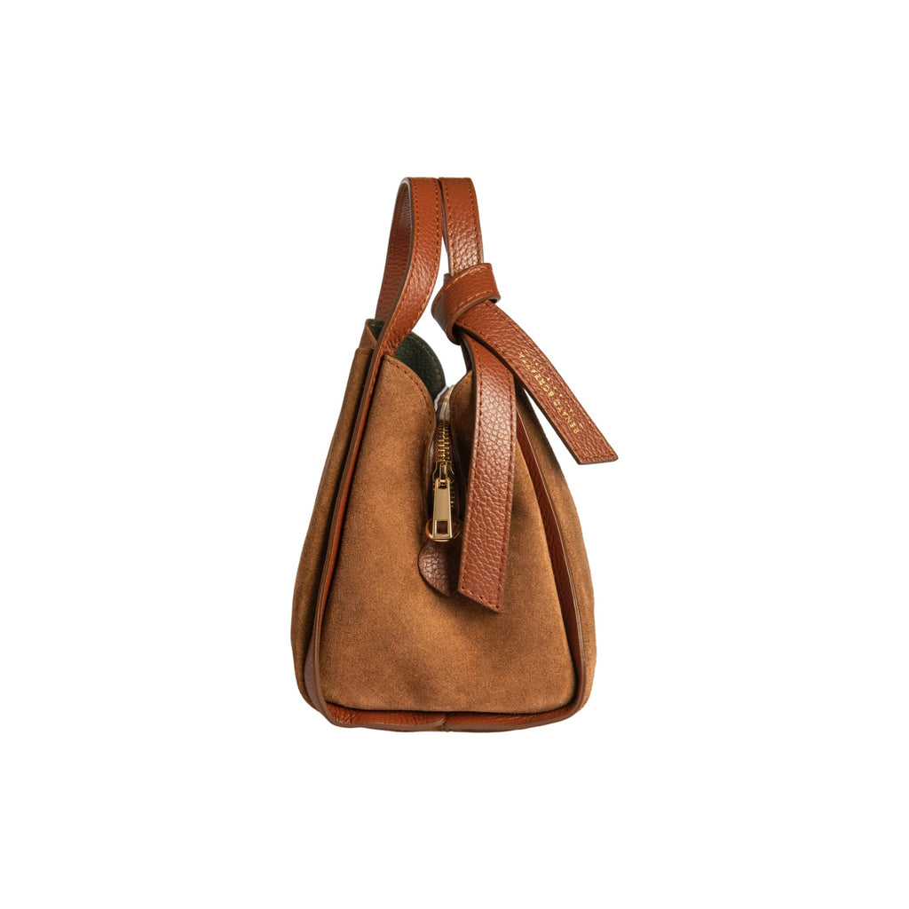 RB1035BI | ALICE Women's Handbag in Genuine Suede, Made in Italy. Polished Gold Metal Hardware. Chestnut Color. Dimensions: 26 x 20 x 15 + 12 cm (Handle Drop)