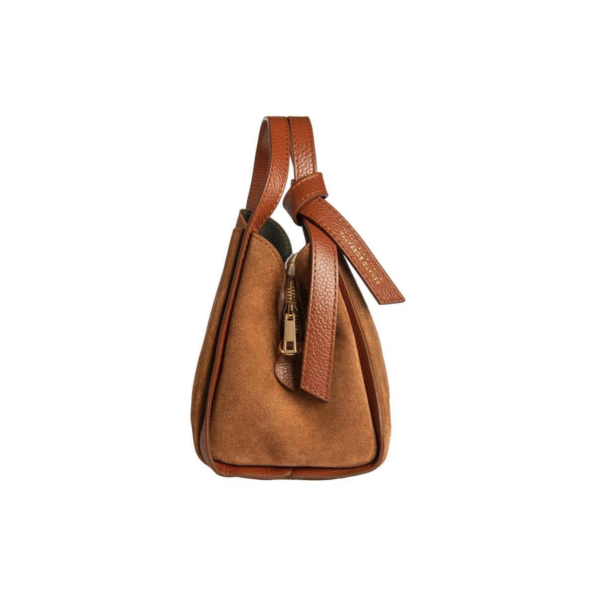 RB1035BI | ALICE Women's Handbag in Genuine Suede, Made in Italy. Polished Gold Metal Hardware. Chestnut Color. Dimensions: 26 x 20 x 15 + 12 cm (Handle Drop)
