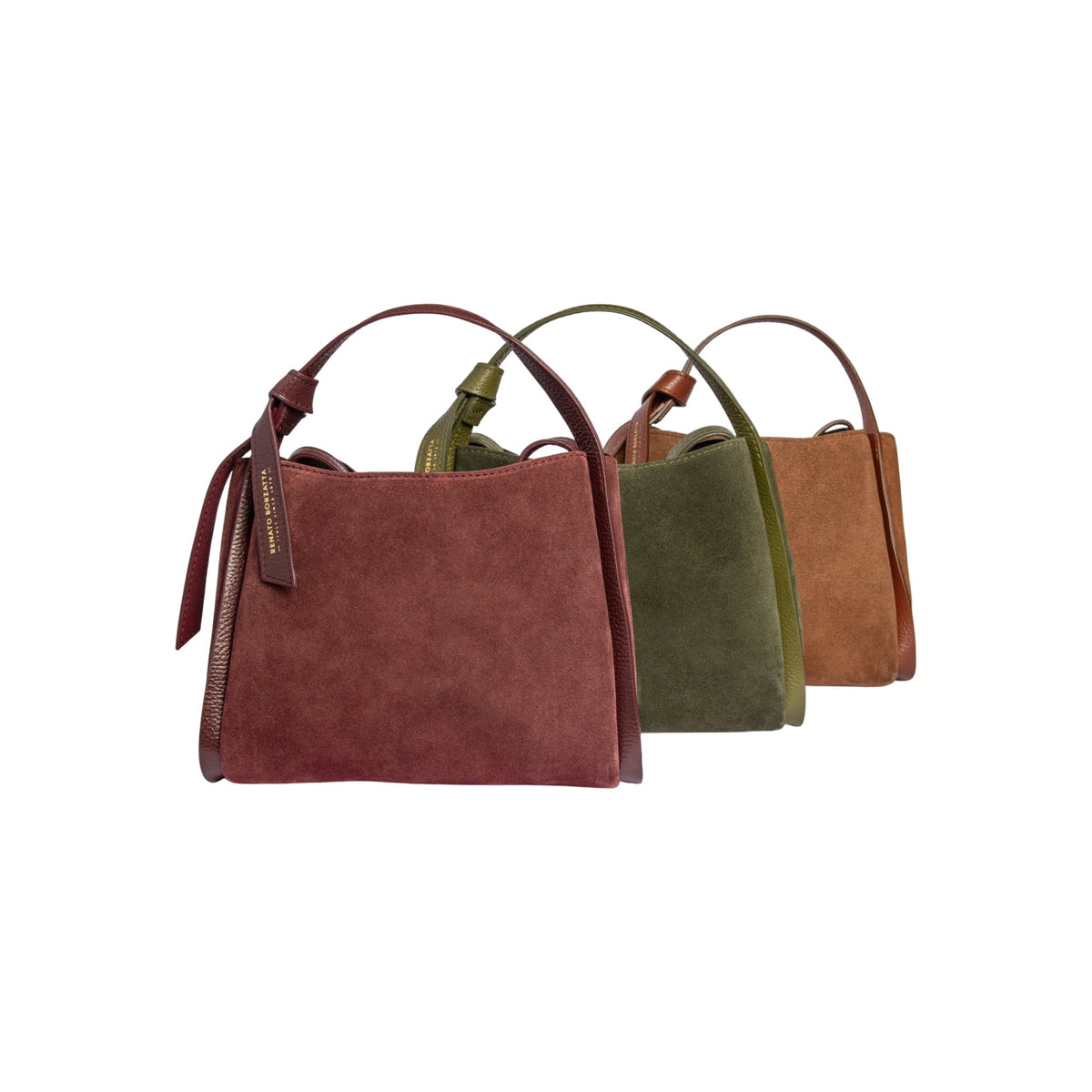 RB1035BI | ALICE Women's Handbag in Genuine Suede, Made in Italy. Polished Gold Metal Hardware. Chestnut Color. Dimensions: 26 x 20 x 15 + 12 cm (Handle Drop)