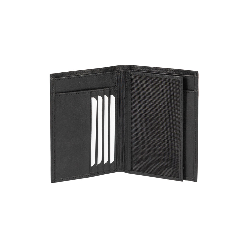 RB12009A | Men's flap pocket wallet in genuine full-grain leather, with light grain. Black color. RFID protection. Size when closed: 9.5 x 13 x 2 cm. Packaging: gift box bottom/cover