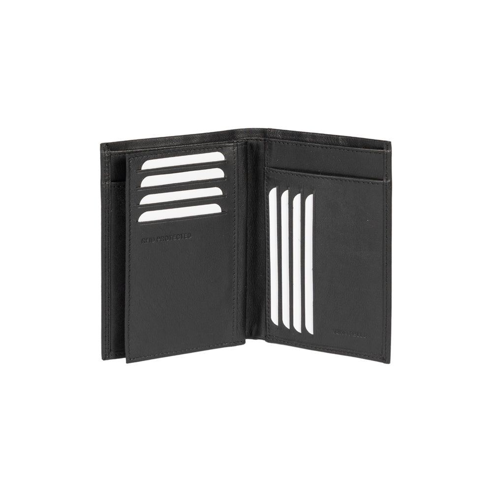 RB12009A | Men's flap pocket wallet in genuine full-grain leather, with light grain. Black color. RFID protection. Size when closed: 9.5 x 13 x 2 cm. Packaging: gift box bottom/cover