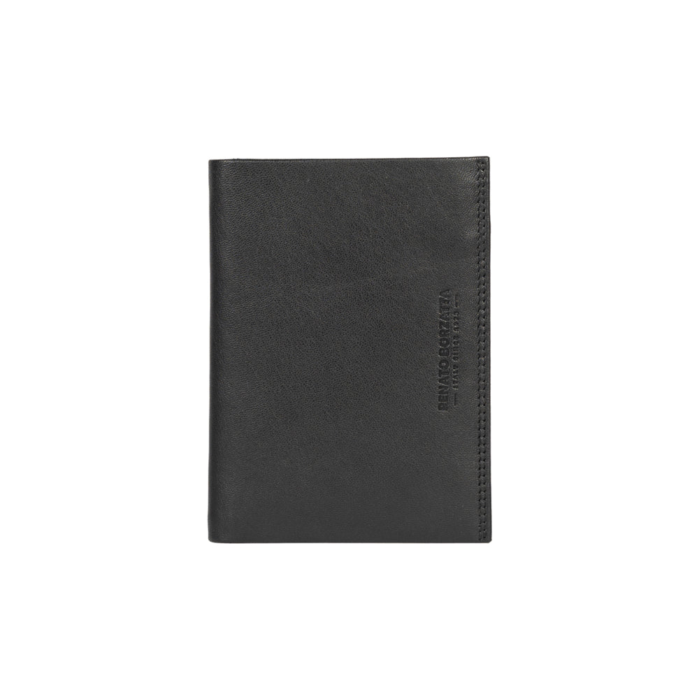 RB12009A | Men's flap pocket wallet in genuine full-grain leather, with light grain. Black color. RFID protection. Size when closed: 9.5 x 13 x 2 cm. Packaging: gift box bottom/cover