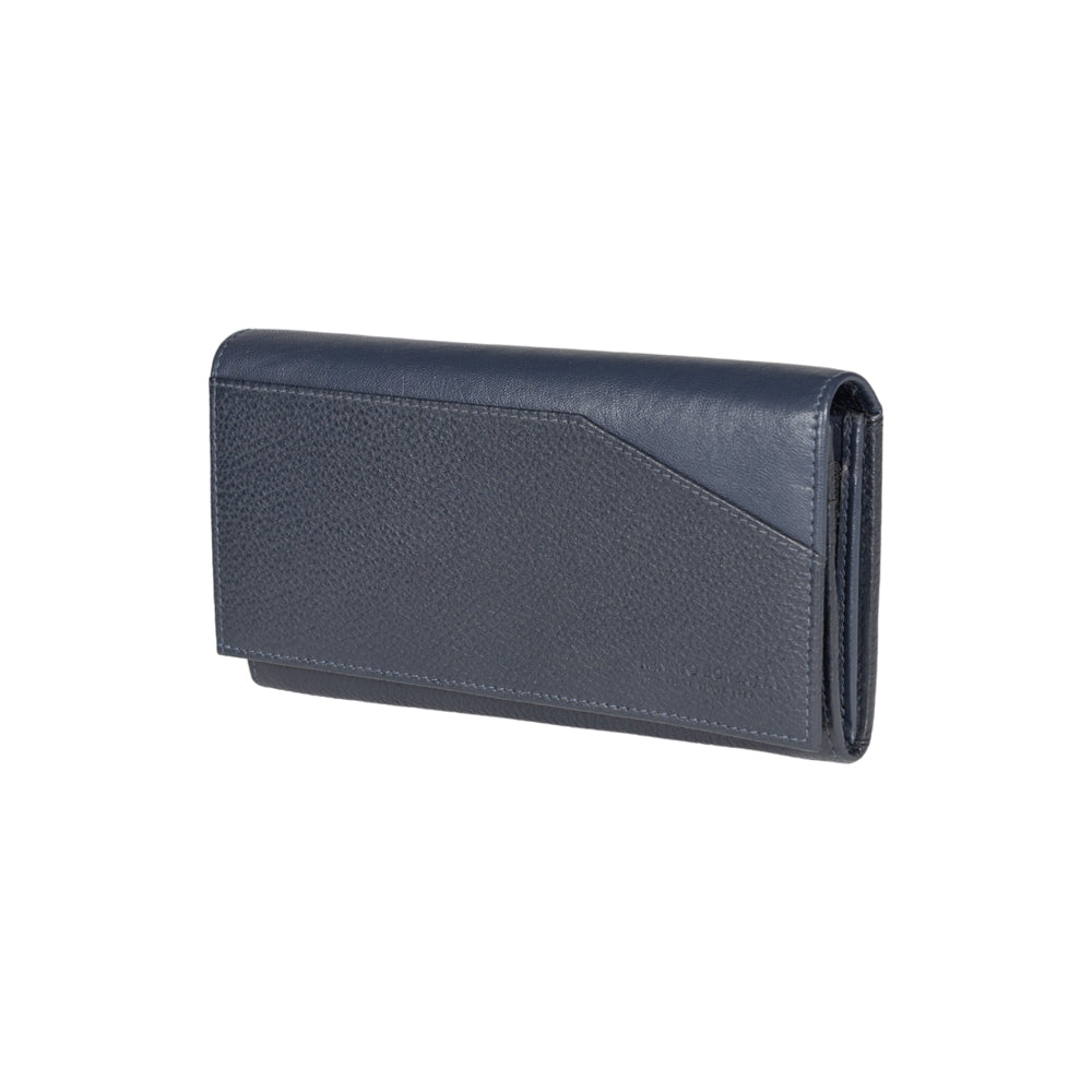 RB12129D | Women's wallet in genuine full grain leather, dollar/light grain. Blue color. RFID protection. Size when closed: 18.5 x 10 x 3 cm. Packaging: gift box bottom/cover