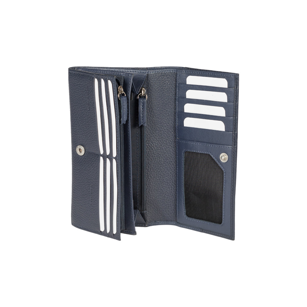 RB12129D | Women's wallet in genuine full grain leather, dollar/light grain. Blue color. RFID protection. Size when closed: 18.5 x 10 x 3 cm. Packaging: gift box bottom/cover