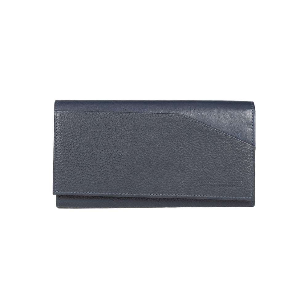 RB12129D | Women's wallet in genuine full grain leather, dollar/light grain. Blue color. RFID protection. Size when closed: 18.5 x 10 x 3 cm. Packaging: gift box bottom/cover