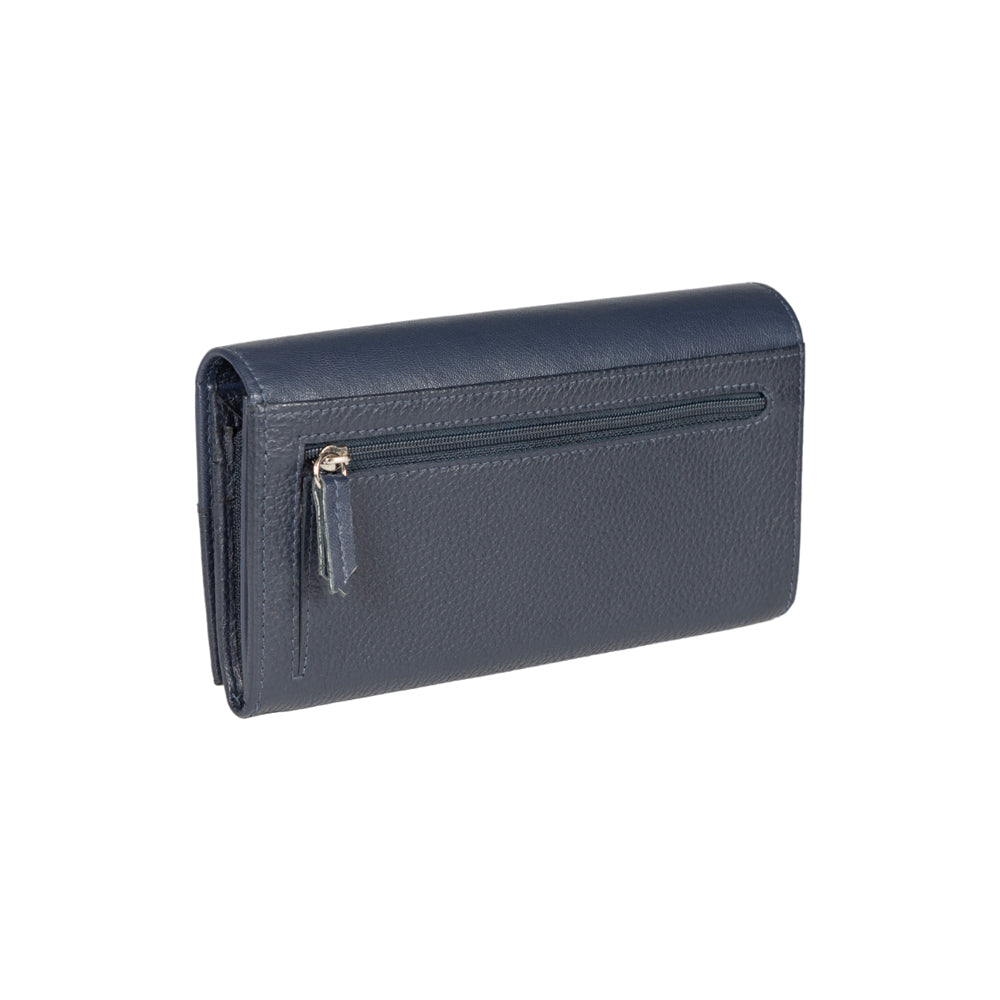 RB12129D | Women's wallet in genuine full grain leather, dollar/light grain. Blue color. RFID protection. Size when closed: 18.5 x 10 x 3 cm. Packaging: gift box bottom/cover