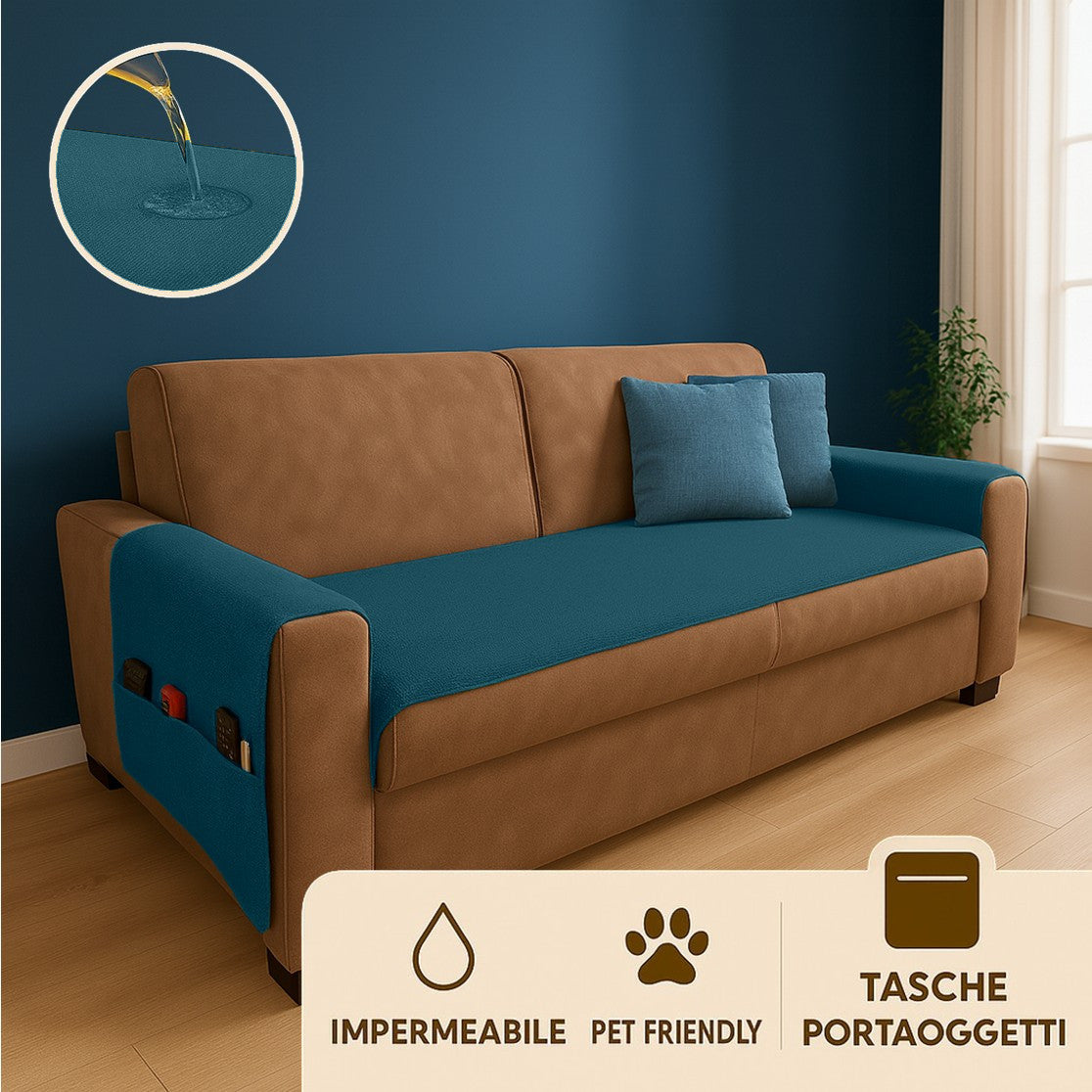 Runner Copriseduta divano Impermeabile con copribraccioli - ARMOR blu